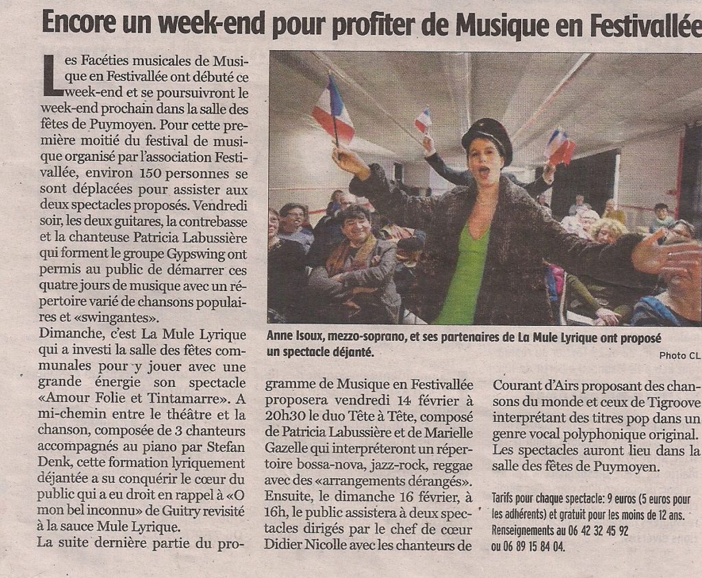 Article de la charente libre sur le festival musique en festivallée avec en photo Ana Isoux